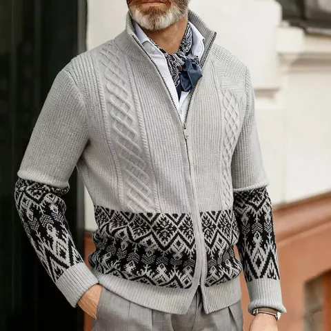 Men's Vintage Cable Knit Cardigan Ethnic Patchwork Stand Collar Full Zip Sweater Fall Winter Casual Long Sleeve Top