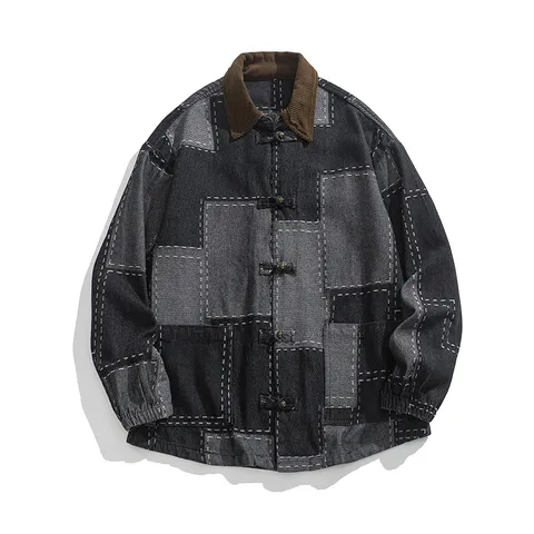 Men Retro Chinese Style Patchwork Denim Jacket Loose Washed Lapel Hanfu Plus Size Cotton Outerwear Coat Traditional Frog Buttons