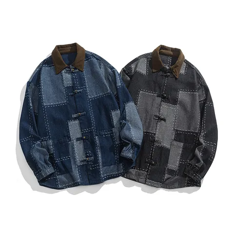Men Retro Chinese Style Patchwork Denim Jacket Loose Washed Lapel Hanfu Plus Size Cotton Outerwear Coat Traditional Frog Buttons