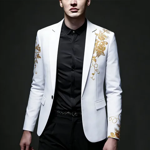 Men's Luxury Bronzing Paisley Floral Print Slim Fit Blazer One Button Suit Jacket For Wedding Party Business Casual Polyester Top