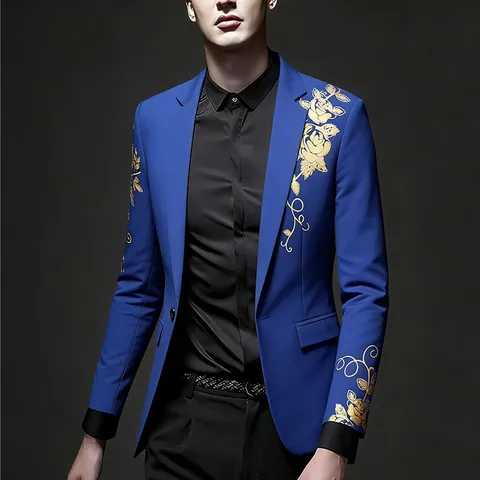 Men's Luxury Bronzing Paisley Floral Print Slim Fit Blazer One Button Suit Jacket For Wedding Party Business Casual Polyester Top