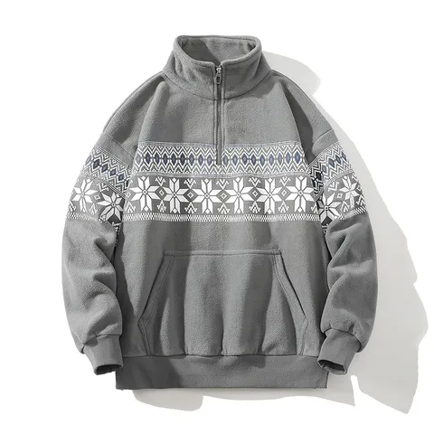 Men Ethnic Style Polar Fleece Printed Sweatshirt Hoodie Loose Casual Stand Collar Jacket Zip Up Autumn Winter Top