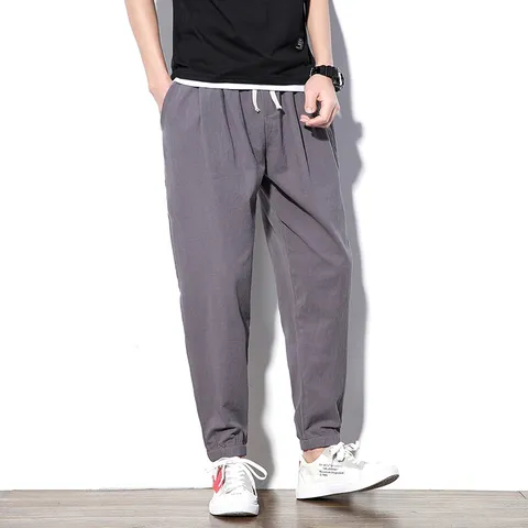 Men's Casual Linen Harem Pants Loose Korean Version Joggers Solid Color 9-Point Drawstring Cuffed Trousers For Youth