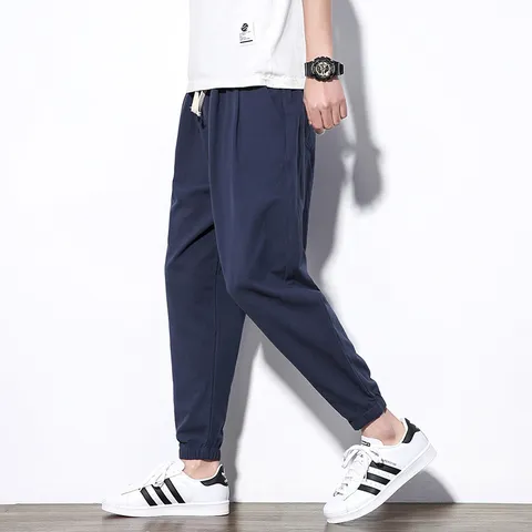 Men's Casual Linen Harem Pants Loose Korean Version Joggers Solid Color 9-Point Drawstring Cuffed Trousers For Youth