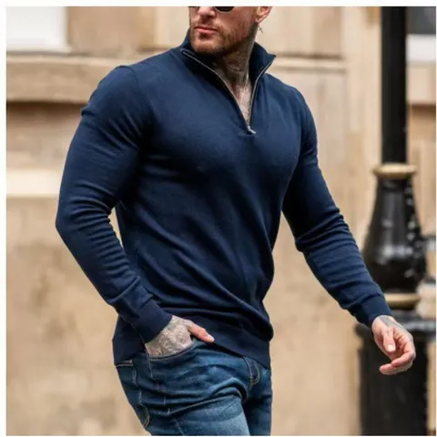 Pull Décontracté à Demi-zip pour Homme Manches Longues Coupe Slim Col Montant Tricot Top en Polyester Hiver