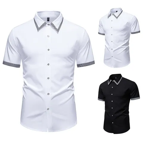Camicia Casual da Uomo a Maniche Corte Patchwork Pied-de-poule Rever Abbottonato Poliestere Top Estivo Moda