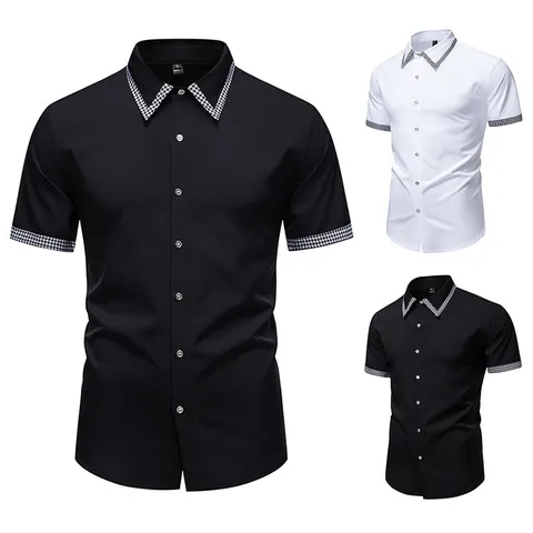 Camicia Casual da Uomo a Maniche Corte Patchwork Pied-de-poule Rever Abbottonato Poliestere Top Estivo Moda