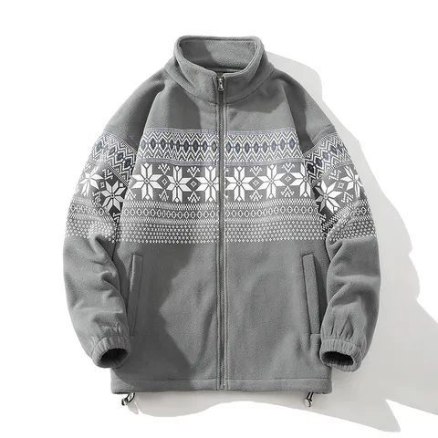 Men Ethnic Style Polar Fleece Printed Sweatshirt Hoodie Loose Casual Stand Collar Jacket Zip Up Autumn Winter Top