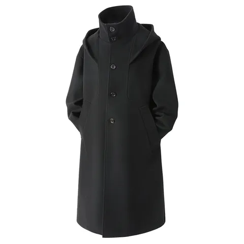 Men's High-End Hooded Woolen Overcoat Casual Mid-Length Windbreaker Loose Fit Cotton Blend Single Breasted Jacket For Winter