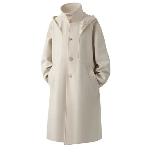 Men's High-End Hooded Woolen Overcoat Casual Mid-Length Windbreaker Loose Fit Cotton Blend Single Breasted Jacket For Winter