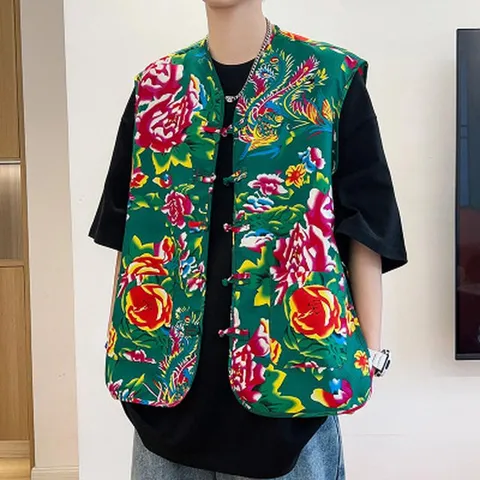 Traditional Chinese Style Men Northeast Big Flower Vest Cotton Blend Retro Peony Floral Print Waistcoat Tang Suit Top For Men