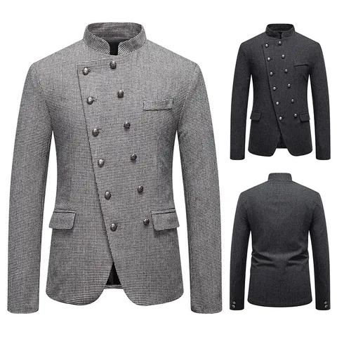 Americana de Hombre Corte Ajustado Cuello Alto Tapeta Asimétrica Doble Botonadura Pata de Gallo Chaqueta de Traje