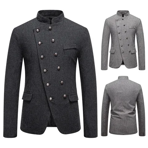 Americana de Hombre Corte Ajustado Cuello Alto Tapeta Asimétrica Doble Botonadura Pata de Gallo Chaqueta de Traje