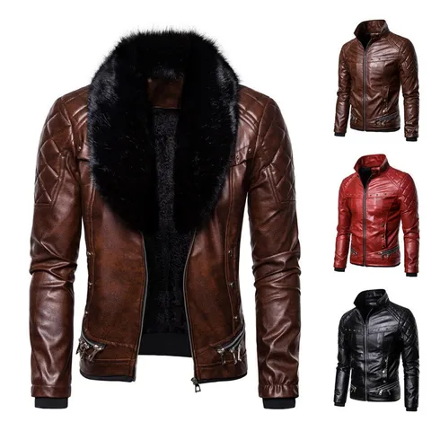 Heren Punk Biker PU Leren Jas Met Afneembare Bontkraag Slim Fit Gewatteerde Moto Jas Herfst Winter Outwear Ritsjas