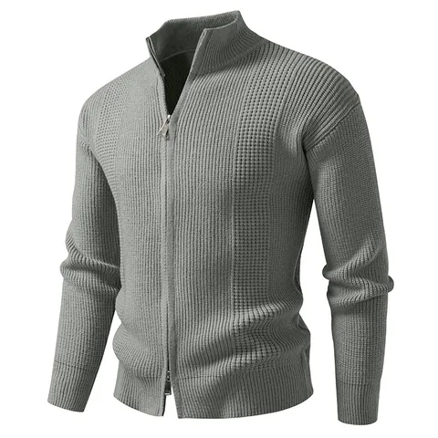 Men's Slim Fit Half High Neck Zipper Cardigan Sweater Waffle Knit Casual Jacket Autumn Winter Warm Knitwear Top