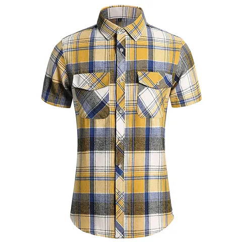 Men's Japanese Retro Plaid Short Sleeve Shirt Utility Work Top With Double Chest Pockets Classic Button Down Turn-Down Collar Polyester Blend Breathable Summer Casual Shirt For Men