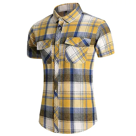 Men's Japanese Retro Plaid Short Sleeve Shirt Utility Work Top With Double Chest Pockets Classic Button Down Turn-Down Collar Polyester Blend Breathable Summer Casual Shirt For Men