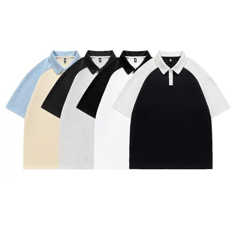 Men Casual Cotton Polo Shirt Patchwork Contrast Color Short Sleeve Top Loose Fit Summer Hong Kong Style Unisex Polo Shirts