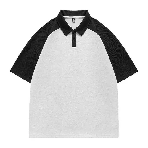 Men Casual Cotton Polo Shirt Patchwork Contrast Color Short Sleeve Top Loose Fit Summer Hong Kong Style Unisex Polo Shirts