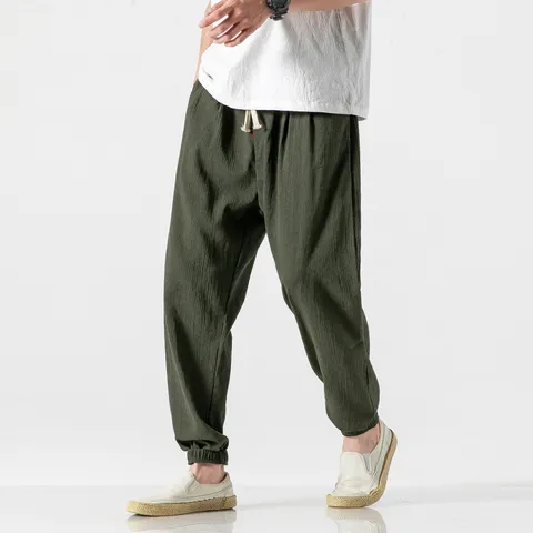 Men's Linen Casual Pants Breathable Japanese Style Harem Joggers Solid Color Drawstring Waist Lightweight Summer Trousers Bottom