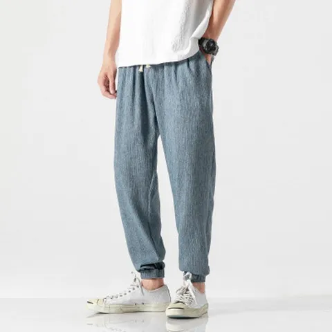 Men's Casual Linen Blend Harem Pants Loose Fit Drawstring Elastic Waist Cuffed Summer Trousers