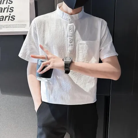 Chemise Décontractée en Lin pour Hommes Manches Courtes Col Montant Demi-Patte de Boutonnage Été Couleur Unie Haut Avec Poche Poitrine