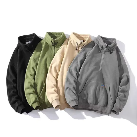 Men's Polar Fleece Embroidered Pullover Hoodie Casual Stand Collar Long Sleeve Sweatshirt Jacket Autumn Winter Outerwear