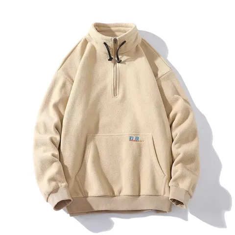 Men's Polar Fleece Embroidered Pullover Hoodie Casual Stand Collar Long Sleeve Sweatshirt Jacket Autumn Winter Outerwear
