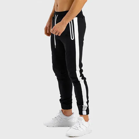 Men's Slim Fit Sports Pants Side Stripe Joggers Drawstring Gym Fitness Sweatpants With Zipper Pockets Knitted Polyester Bottom