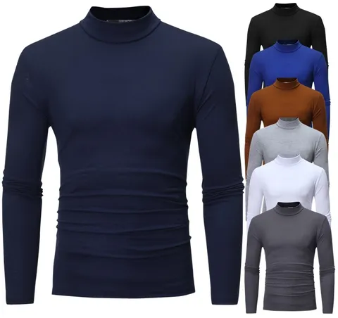 Men Casual Solid Color High Neck Slim Fit Long Sleeve T Shirt Winter Warm Cotton Blend Pullover Basic Thermal Base Layer