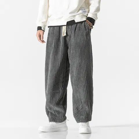 Pantalon Harem pour Hommes en Velours Côtelé de Coton Style Chinois Automne Hiver Coupe Ample Décontracté Jambe Droite Grande Taille