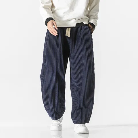 Pantalon Harem pour Hommes en Velours Côtelé de Coton Style Chinois Automne Hiver Coupe Ample Décontracté Jambe Droite Grande Taille