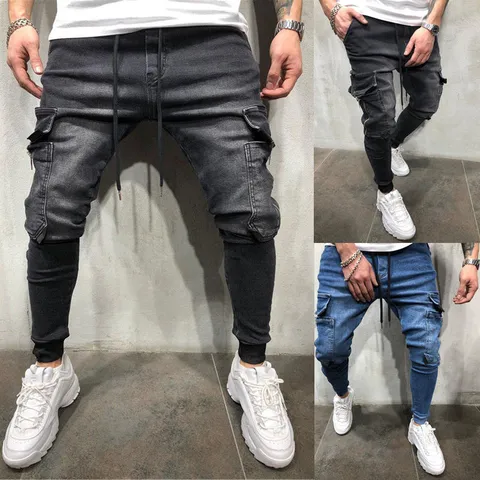 Men Hip Hop Jogger Cargo Jeans With Multi Pockets Casual Washed Denim Pants Streetwear Cuffed Trousers For Spring Autumn