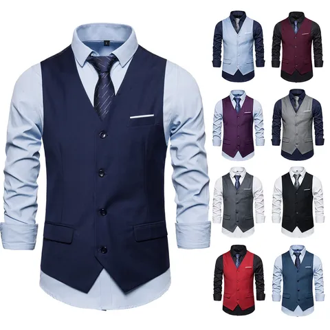 Gilet de Costume Business Décontracté pour Hommes Couleur Unie Simple Boutonnage Col en V Sans Manches Coton Grande Taille Veste Top