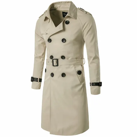 Men's Classic Slim Fit Double-Breasted Trench Coat Long Windbreaker Jacket With Belt British Style Fashion Outerwear For Spring Autumn