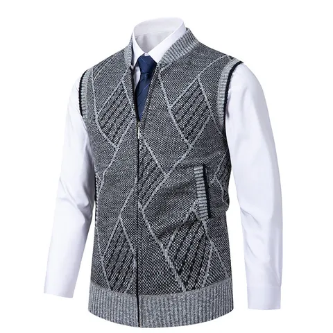 Gilet in Maglia da Uomo Collo Alto Senza Maniche Jacquard Argyle Giacca Foderato in Pile Casual Maglieria con Cerniera