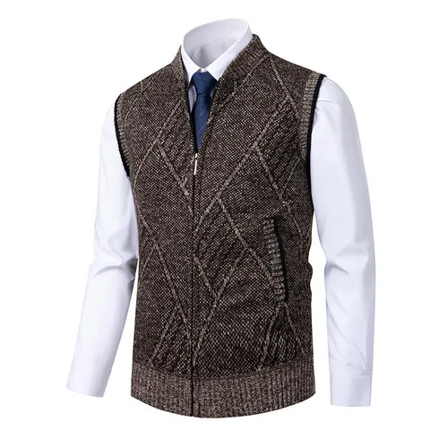 Gilet in Maglia da Uomo Collo Alto Senza Maniche Jacquard Argyle Giacca Foderato in Pile Casual Maglieria con Cerniera