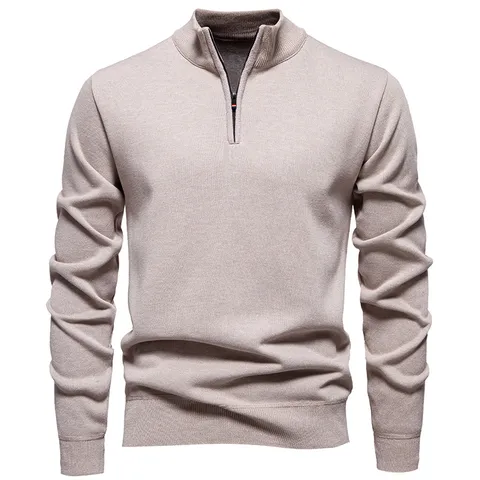 Men's Casual Slim Fit Cotton Knit Sweater Stand Collar Half Zipper Solid Color Long Sleeve Ribbed Pullover Top