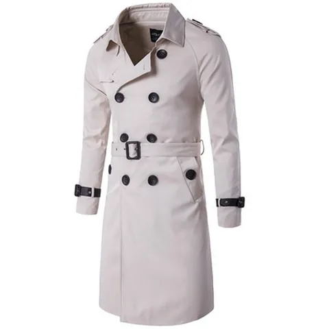 Men's Classic Slim Fit Double-Breasted Trench Coat Long Windbreaker Jacket With Belt British Style Fashion Outerwear For Spring Autumn