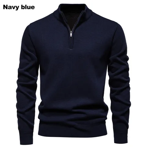 Men's Casual Slim Fit Cotton Knit Sweater Stand Collar Half Zipper Solid Color Long Sleeve Ribbed Pullover Top