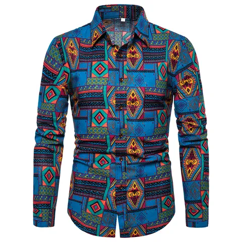Men's Ethnic Print Linen Shirt Long Sleeve Casual Lapel Button Down Vintage Paisley Geometric Printed Beach Holiday Top
