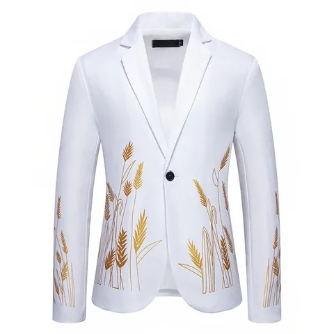 Britse Stijl Heren Goud Korenaar Print Slim Fit Casual Colbert Eén Knoop Revers Polyester Pak Voor Feest Banket