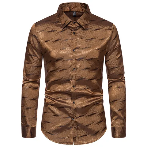 Camisa Casual de Manga Larga Jacquard para Hombre Nightclub Hip Hop Trendy Mezcla de Algodón Poliéster Estampado Solapa