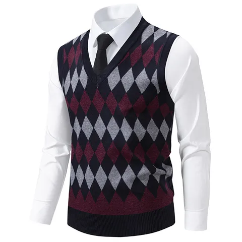 Men Fashion Argyle Knit Vest Fleece Lined V-Neck Sleeveless Sweater Autumn Winter Casual Knitted Pullover Waistcoat Top