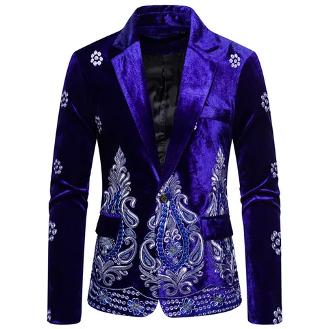 Men's Luxury Velvet Blazer Jacket Silver Wire Embroidery Single Button Suit Jacket For Party Banquet Wedding Slim Fit Formal Top
