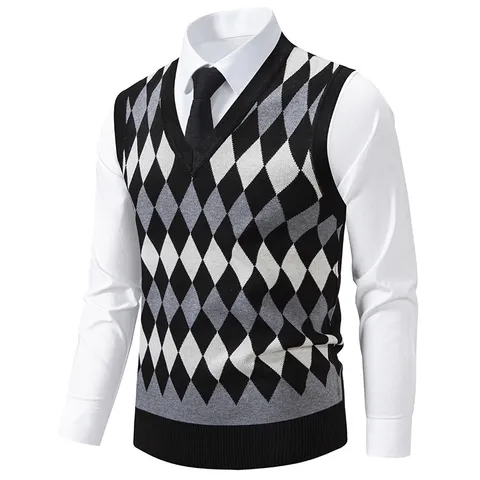 Men Fashion Argyle Knit Vest Fleece Lined V-Neck Sleeveless Sweater Autumn Winter Casual Knitted Pullover Waistcoat Top