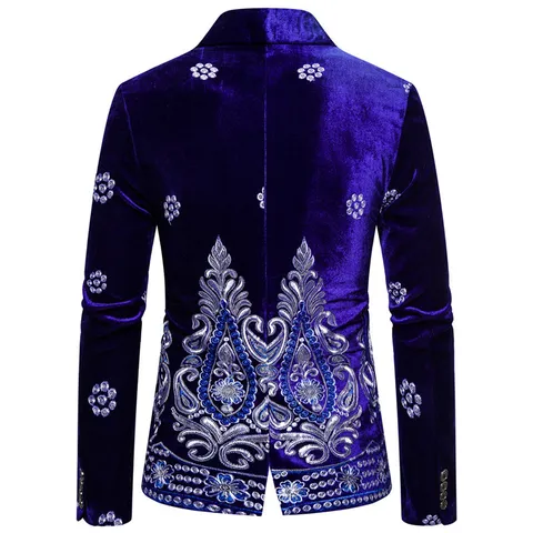 Men's Luxury Velvet Blazer Jacket Silver Wire Embroidery Single Button Suit Jacket For Party Banquet Wedding Slim Fit Formal Top