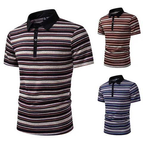 Men's Casual Striped Lapel Short Sleeve Polo Shirt Quick Dry Polyester Top Fashionable Striped Design European Size Summer Clothing