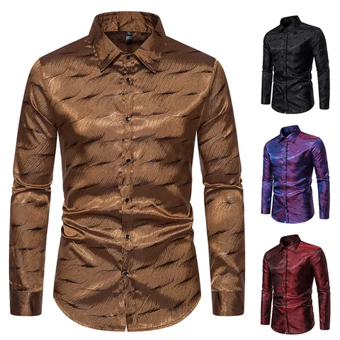 Camisa Casual de Manga Larga Jacquard para Hombre Nightclub Hip Hop Trendy Mezcla de Algodón Poliéster Estampado Solapa