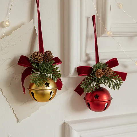 Christmas Red Velvet Bow Iron Bell Hanging Ornaments For Christmas Tree Decoration Festive Door Hanger Pine Cone Decor